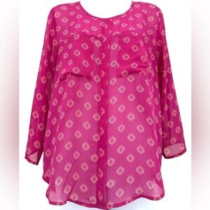 Papermoon Women’s Small Fuchsia Pink Sheer Chiffon 3/4‎ Roll Tab Sleeve Blouse